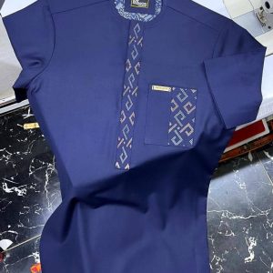 Blue Shirt with Elegant Gold and Blue Pattern Detailing