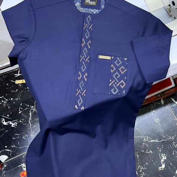 Blue Shirt with Elegant Gold and Blue Pattern Detailing