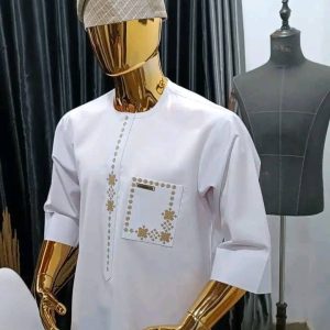 Elegant White Caftan with Gold Headband Accent, luxurious white caftan, breathable women’s caftan, summer caftan for women, caftan with gold headband