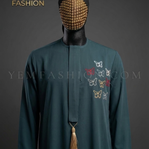 The Dark Teal Butterfly Jalab: A rich teal base brought to life with multi-colored embroidered butterflies, offering a refined yet playful aesthetic.