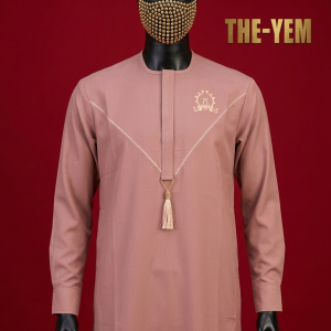 Sophisticated dusty-rose Jalab featuring a signature white crest emblem and sleek white embroidery lines.