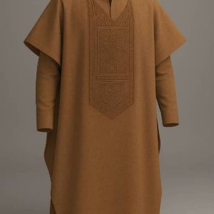 A rich, earth-toned traditional Agbada featuring intricate tonal embroidery.