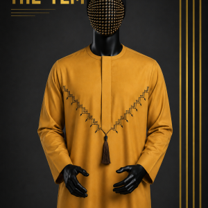 Home this jalabiya apart is its bold geometric embroidery, forming a sharp V-shaped pattern across the chest. The intricate stitching introduces texture and visual depth, creating a powerful yet balanced aesthetic. The relaxed silhouette ensures comfort without compromising on presence, making it ideal for both special occasions and stylish everyday wear.