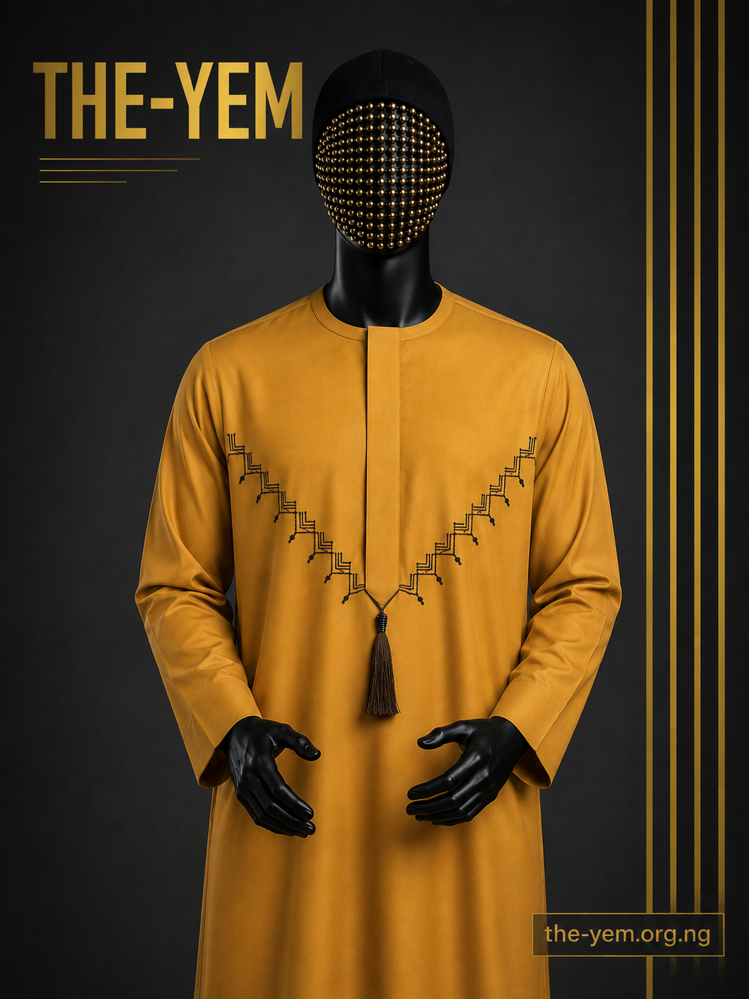this jalabiya apart is its bold geometric embroidery, forming a sharp V-shaped pattern across the chest. The intricate stitching introduces texture and visual depth, creating a powerful yet balanced aesthetic. The relaxed silhouette ensures comfort without compromising on presence, making it ideal for both special occasions and stylish everyday wear.