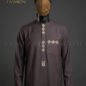 A sophisticated, brown Senator-style kaftan featuring meticulous geometric embroidery in a light gold thread along the placket and chest pocket.