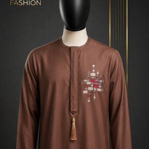 A sophisticated chocolate-brown Jalab featuring an intricate, multi-colored geometric mosaic on the left chest and a signature coordinated tassel.