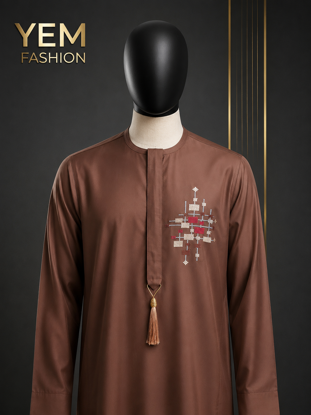 The Terra Geometric Jalab A sophisticated chocolate-brown Jalab featuring an intricate, multi-colored geometric mosaic on the left chest and a signature coordinated tassel.
